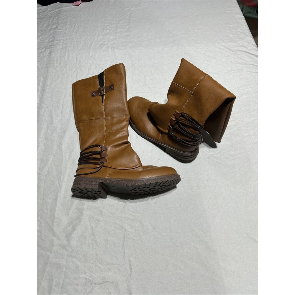 Tan Faux Leather Women's Tall Boots Size EU 39 US 8.5 Full Zipper Buckle Lacing